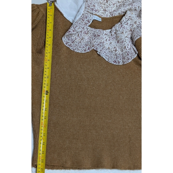 ZARA Tobacco Brown knit sweater with contrasting print ruffle collar Size L - Picture 11 of 12